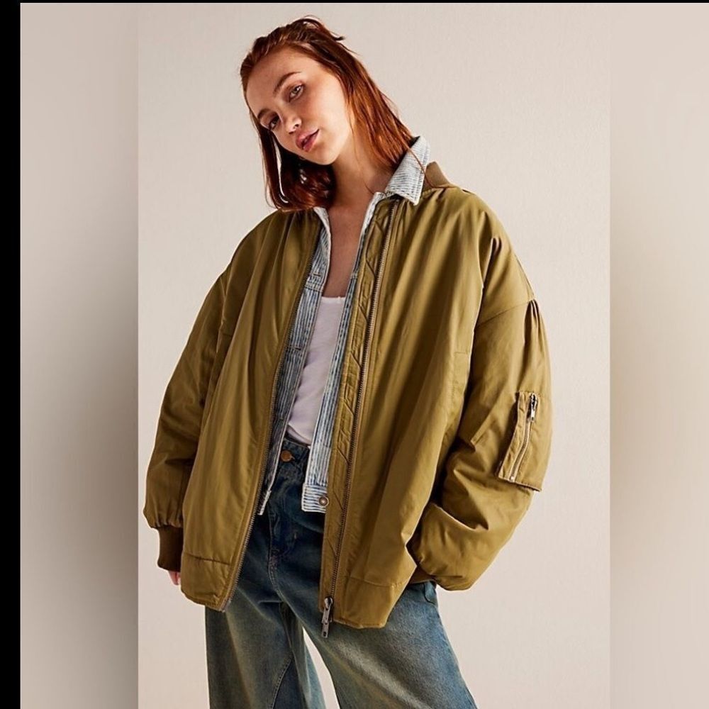 FP We The Free Green Becca Bomber Jacket Quilted Lining Oversized Khaki Coat XS